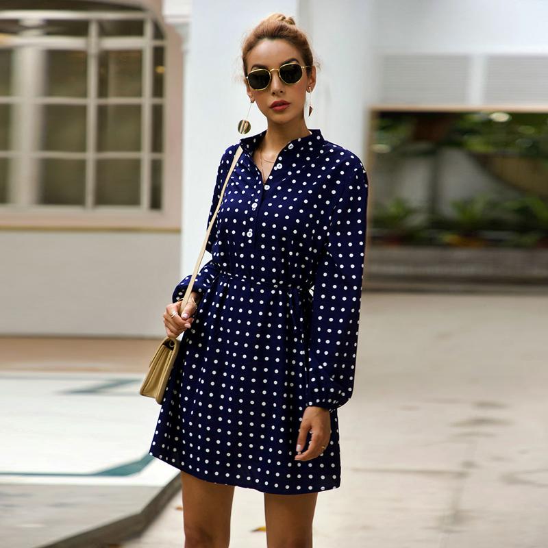 Robes à Pois Courtes##Robe à Pois Courte Col Montant Boutonnée - coccinelle-paradis