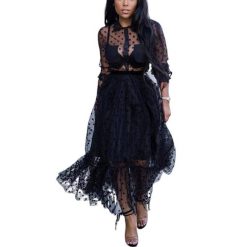 Robe Longue A Pois De Soiree Noir Dentelle