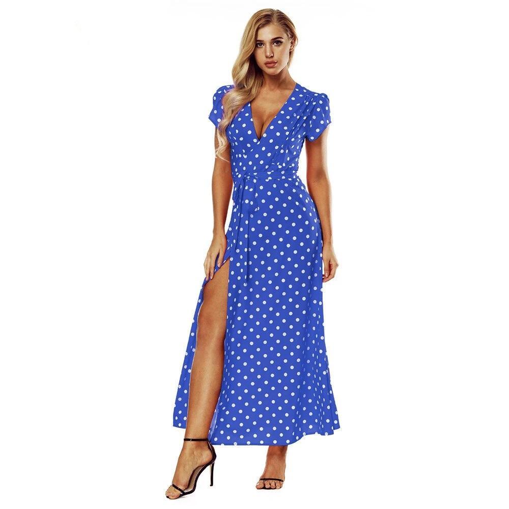 Robe à Pois#robe bleu marine pois#Robe à Pois Bleu Marine  Fente Fille - coccinelle-paradis