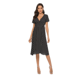 Robe Noire Fluide Col V À Pois Courte