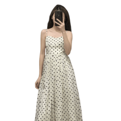 Robe Blanche Droite À Zip Longue À Pois