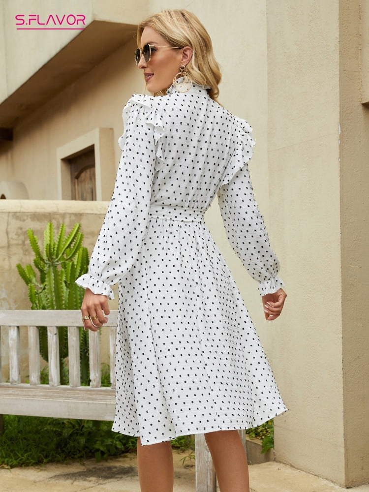 S.FLAVOR-Robes décontractées blanches pour femmes, bouton unique élégant, pois, ligne A, volants, manches longues, rétro, éducatif 2