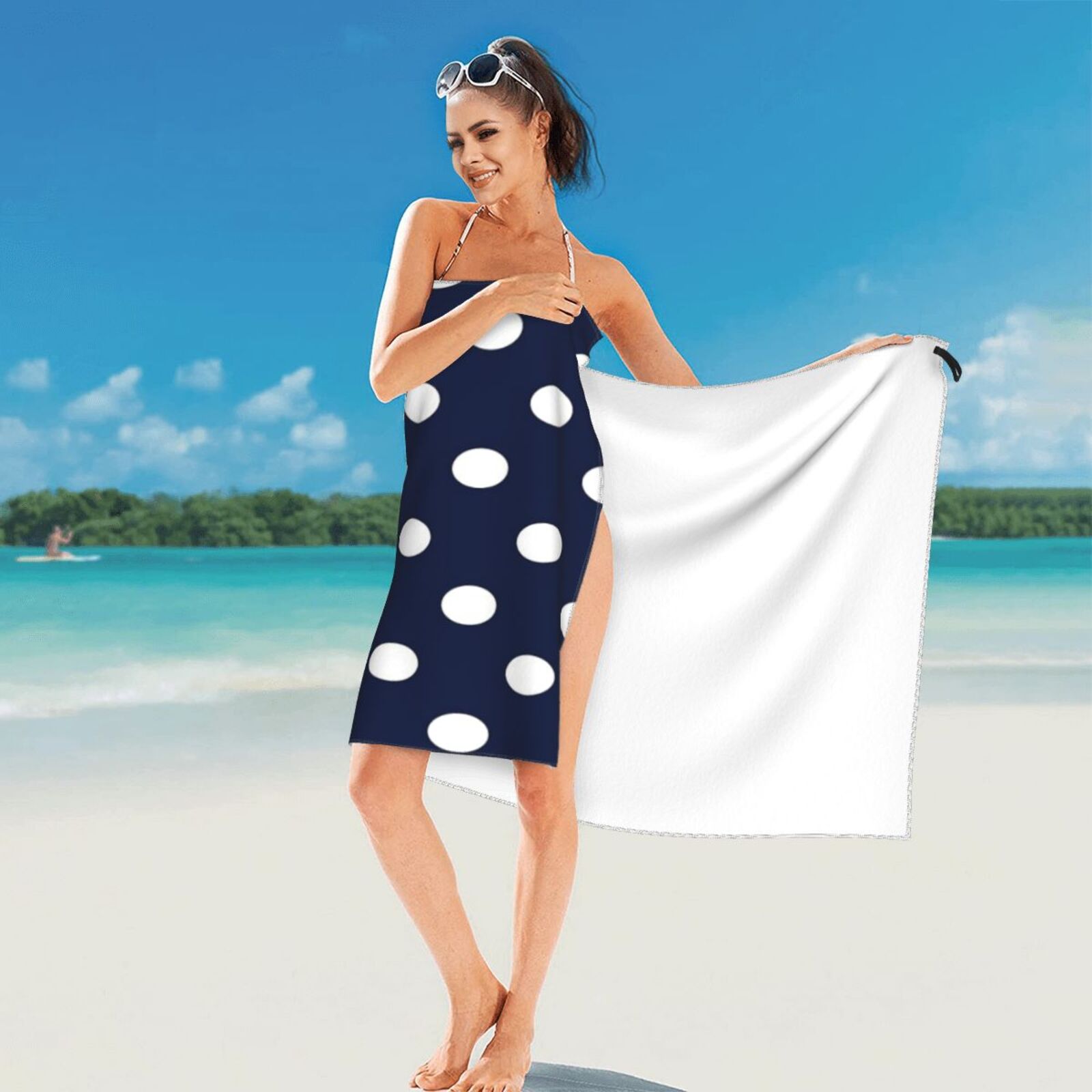 Serviette de plage à gros pois, bleu marine et blanc, serviette de luxe, ensembles de meubles de salle de bain, serviette à séchage rapide pour la plage 2