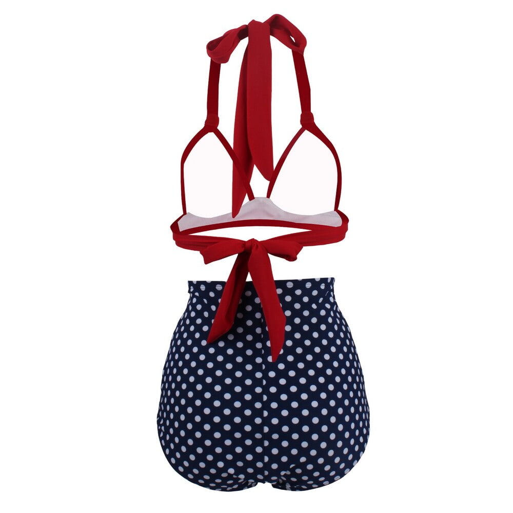 Bikini plissé rouge haut bleu marine avec points blancs bas femme classique taille haute licou ensembles de Bikini grande taille maillots de bain deux pièces 2