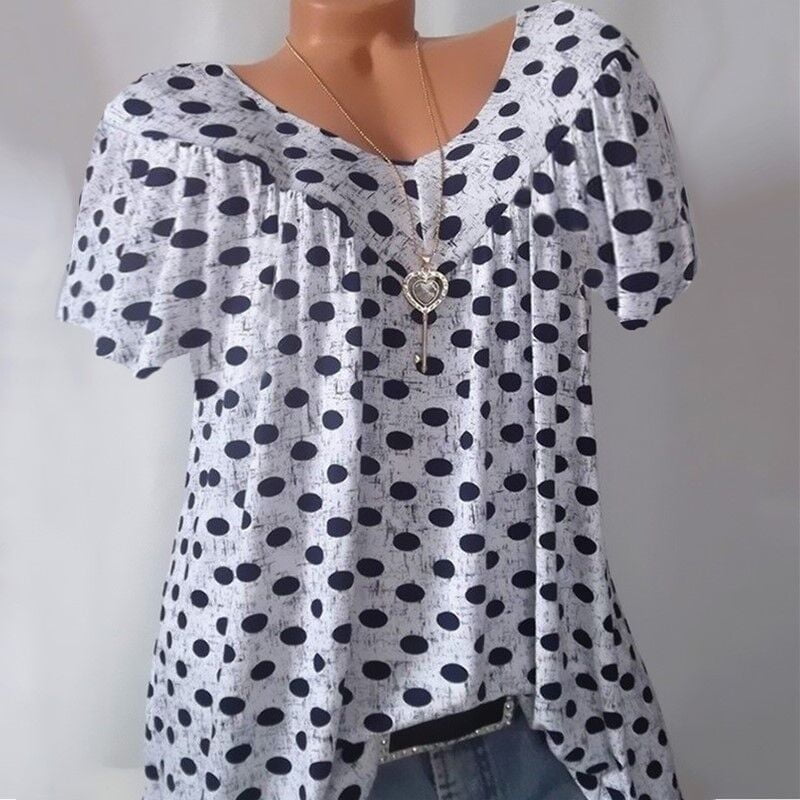 T-shirt à manches courtes et col en V pour femme, ample et surdimensionné, avec impression de points, été, S-5XL, CMH-M5945 2