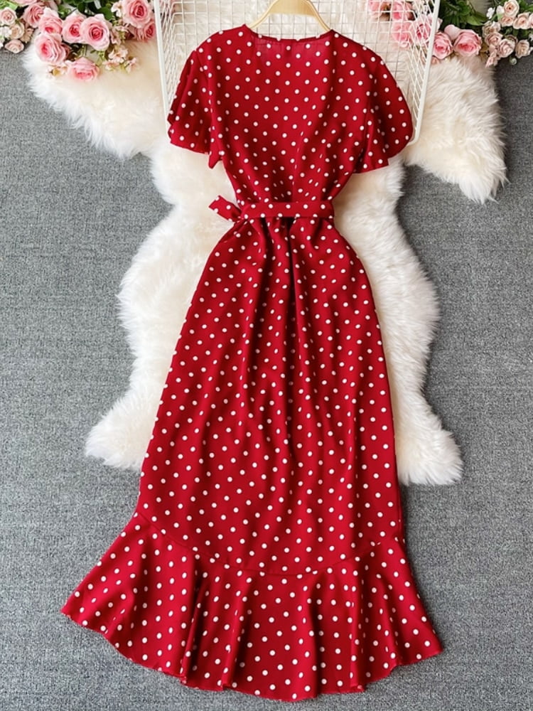 Robe de soirée mi-longue à pois pour femme, vintage, volants, décontracté, une pièce, bohème, éducatif, chic, plage, été 2