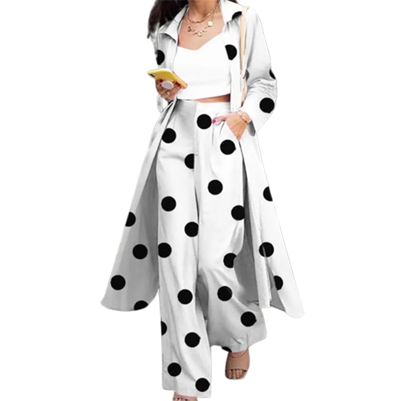 Yeezzi-Ensemble deux pièces à pois pour femme, manches longues, revers, pantalon large, mode coréenne, élégant, 2023 2