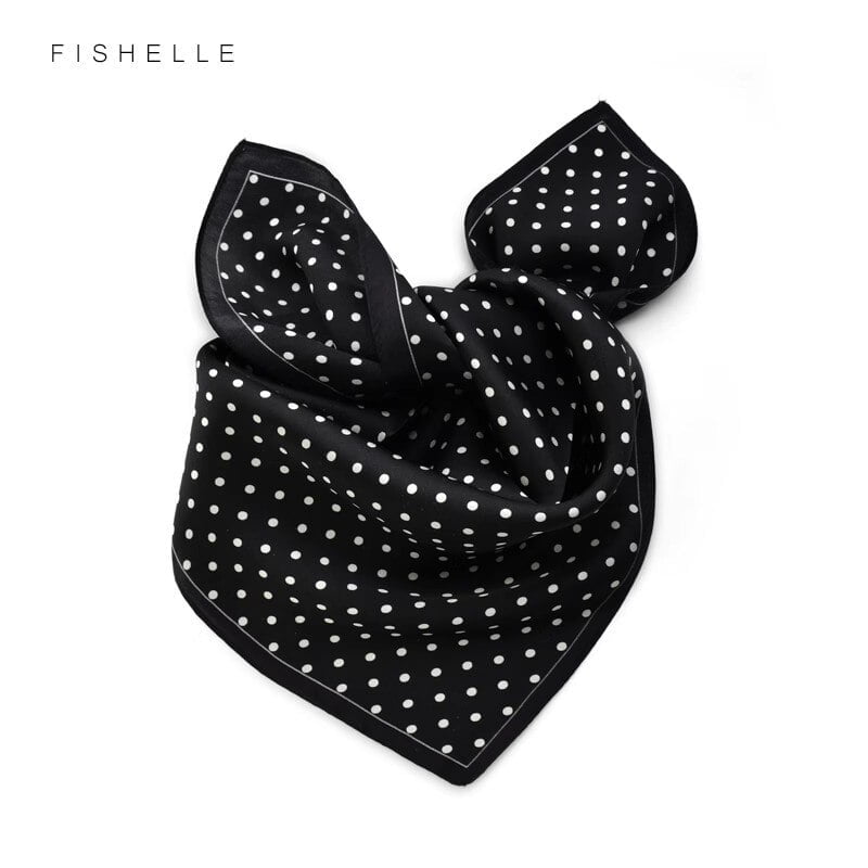 Foulard rétro en soie naturelle noire pour femmes, petit carré avec des points blancs, écharpe 100% en soie véritable, 50cm, à la mode, cadeau pour dames et filles 1