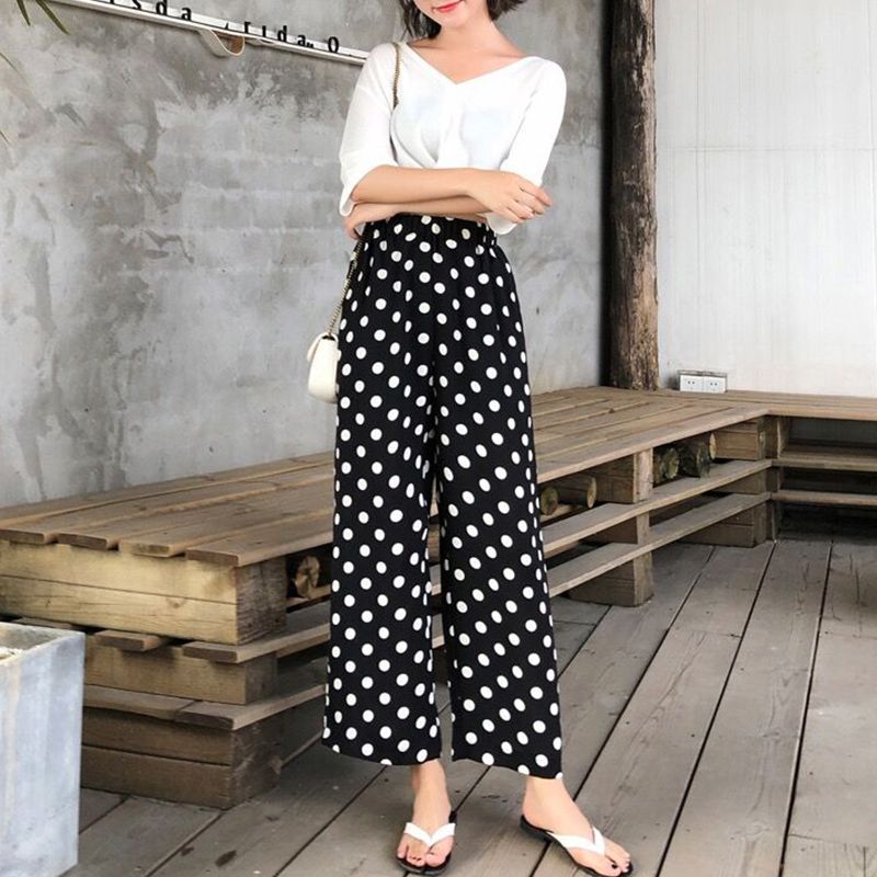Pantalon large en mousseline de soie pour femme, drapé, pois, taille haute, doux, décontracté, vêtements d'été, mode fjWomen 2