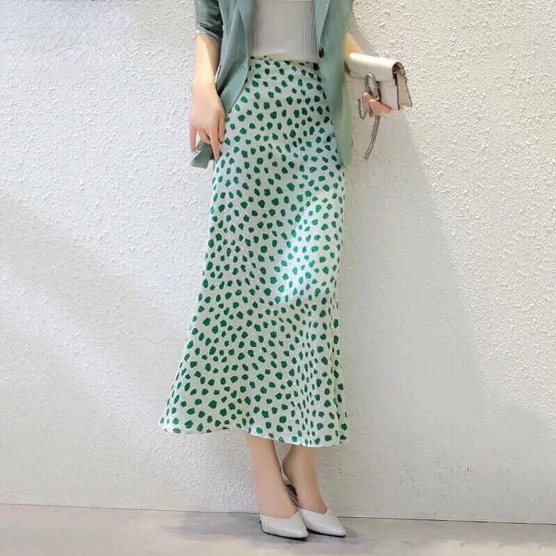 Jupe Trapèze Satin Vert Femme Pois