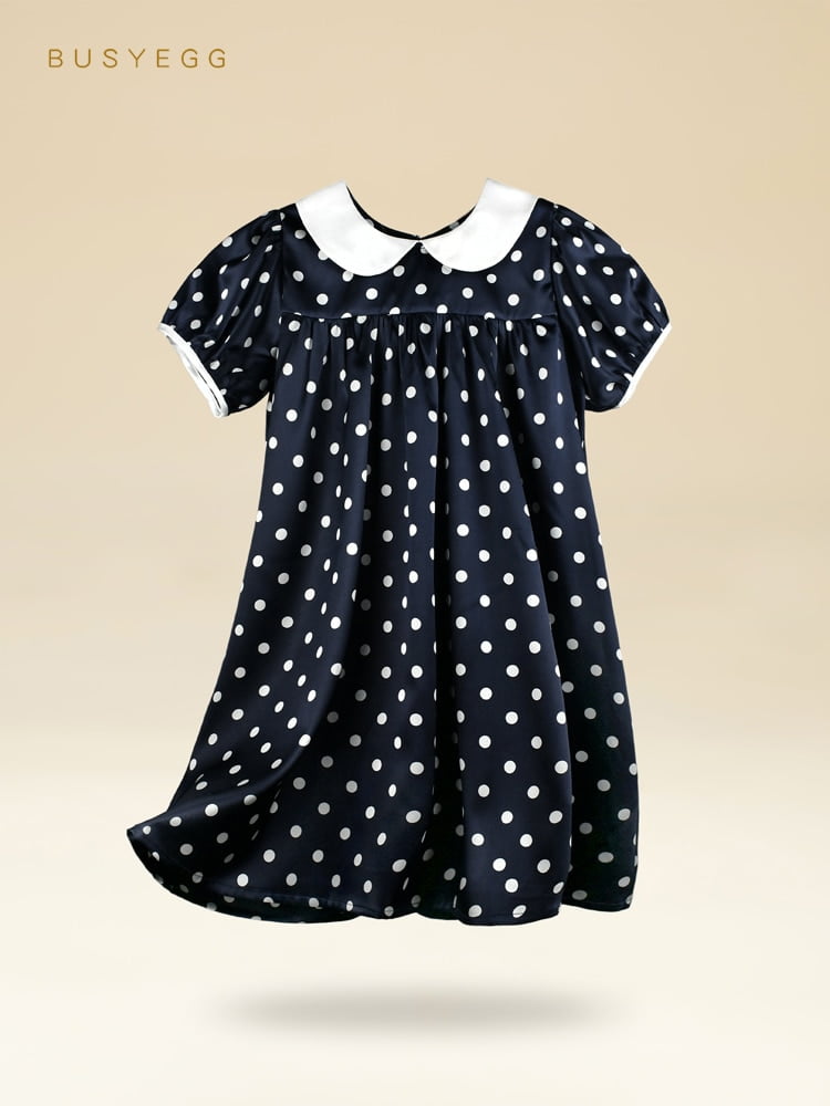 Chemise de Nuit Rétro à Pois en Soie Naturelle pour Fille, Vêtement Bleu à Manches Courtes et Revers, Style Collège, 144 1