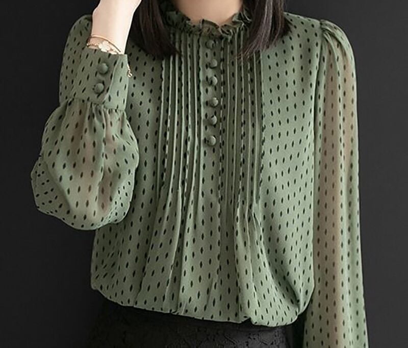 Chemisiers en mousseline de soie à manches longues et col rond pour femmes, chemises imprimées à pois, style décontracté, printemps, automne, dame, Y-DD8879 1
