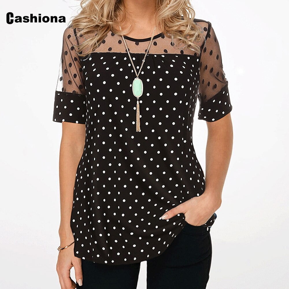 Tunique en maille patchwork pour femmes, col rond, grande taille 5XL, décontracté, manches courtes, imprimé à pois, t-shirt surdimensionné, été, Y-2020 1