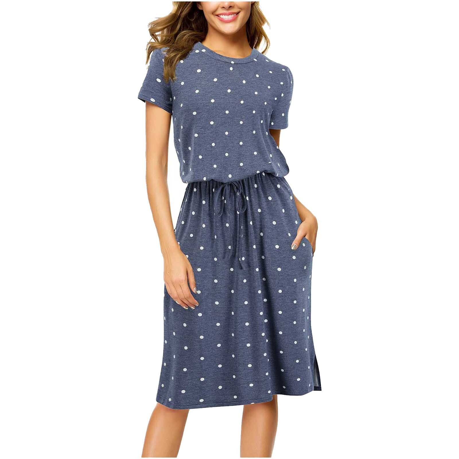 Robes d'été à pois pour femmes, col rond, taille ajustable, mi-longue, vague, manches courtes, taille fine 2