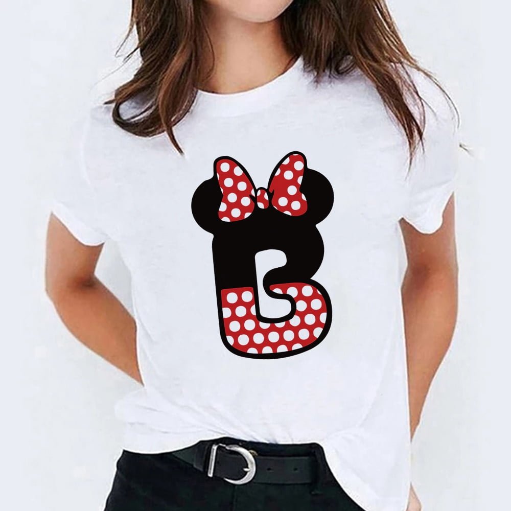 T-shirt à manches courtes avec nom personnalisé pour femme, imprimé de haute qualité, Disney Minnie Mouse, police A, B, C, D, E, F, G 2