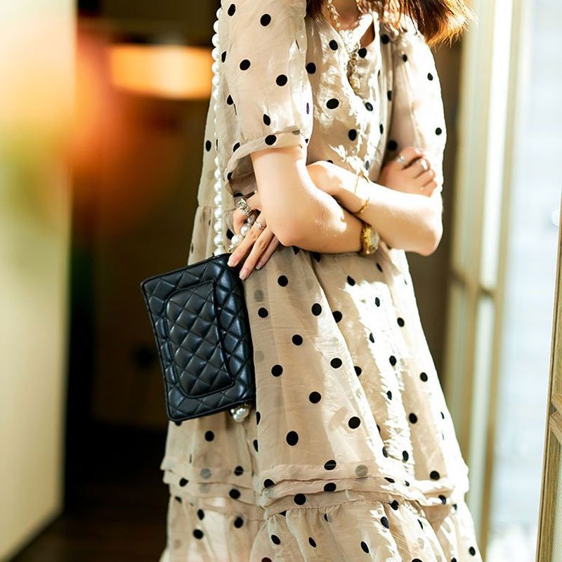 Sweet mn-Robe mi-longue en mousseline de soie imprimée à pois pour femmes, plis élégants, patchwork, vêtements pour femmes, robes à col rond A-Line, été 2