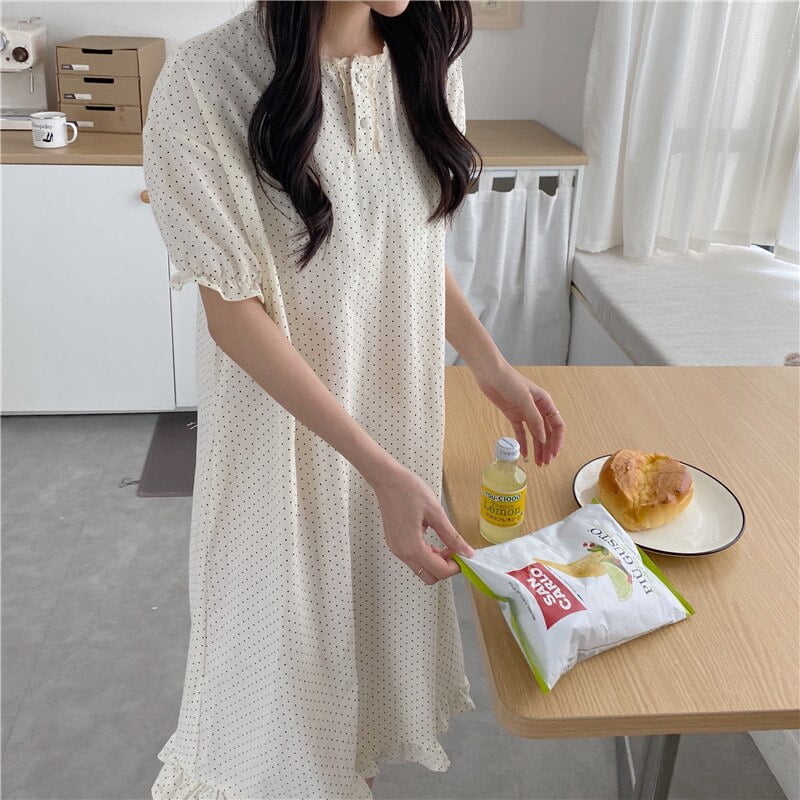 Pyjama d'été imprimé à pois pour femmes, ensemble deux pièces, col rond, manches courtes, abricot, vêtements de maison à volants, Kawaii 2