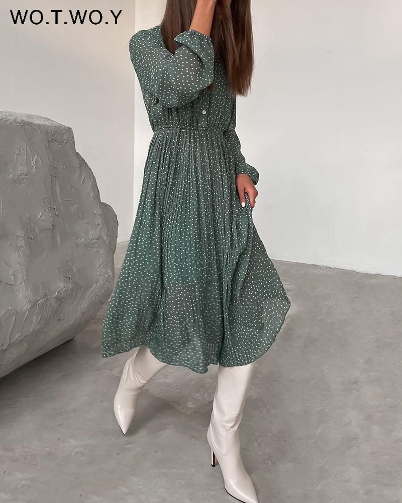 WOTWOY-Robe trapèze en mousseline de soie pour femme, manches longues, pois, maille, mi-mollet, robes Boho, élégante, éducative, printemps, été 2