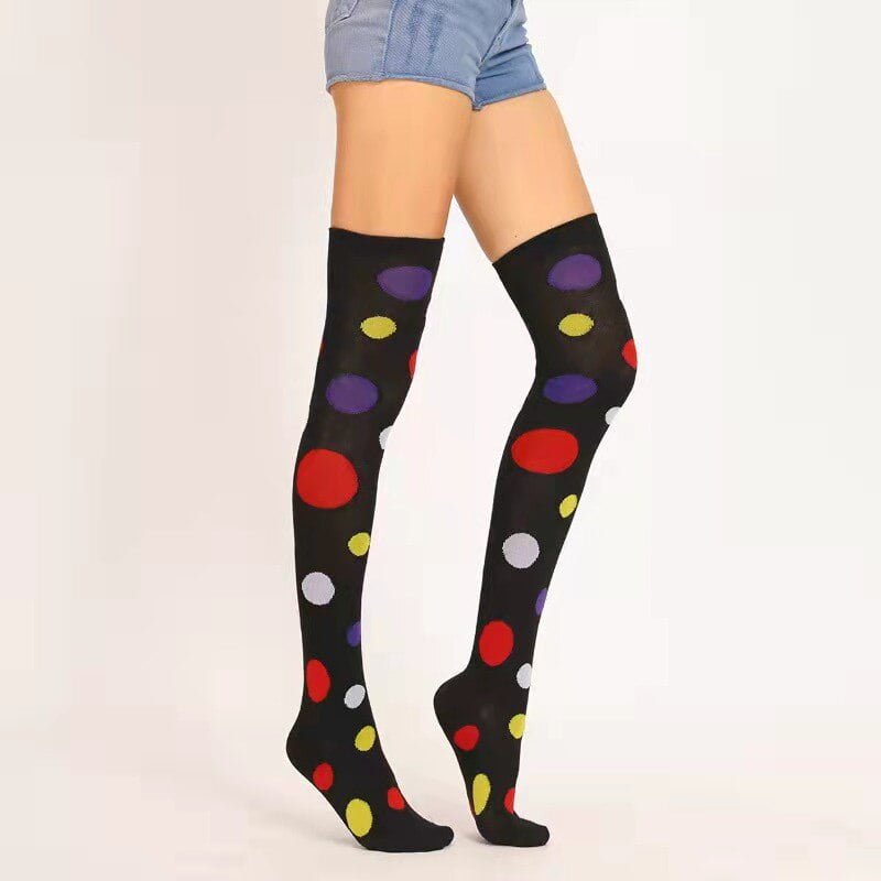 Chaussettes Cosplay Clown pour femmes et filles, longues, amusantes, colorées, irrégulières, à pois, imprimées, au-dessus du genou, cuisses hautes 2
