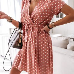 Mini robe à manches courtes et col en V pour femmes, robe fendue à pois, robe de plage bohème, robe de vacances, mode estivale 1