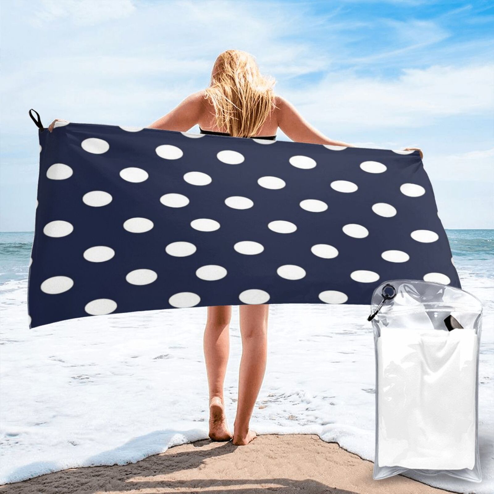Serviette de plage à gros pois, bleu marine et blanc, serviette de luxe, ensembles de meubles de salle de bain, serviette à séchage rapide pour la plage 1