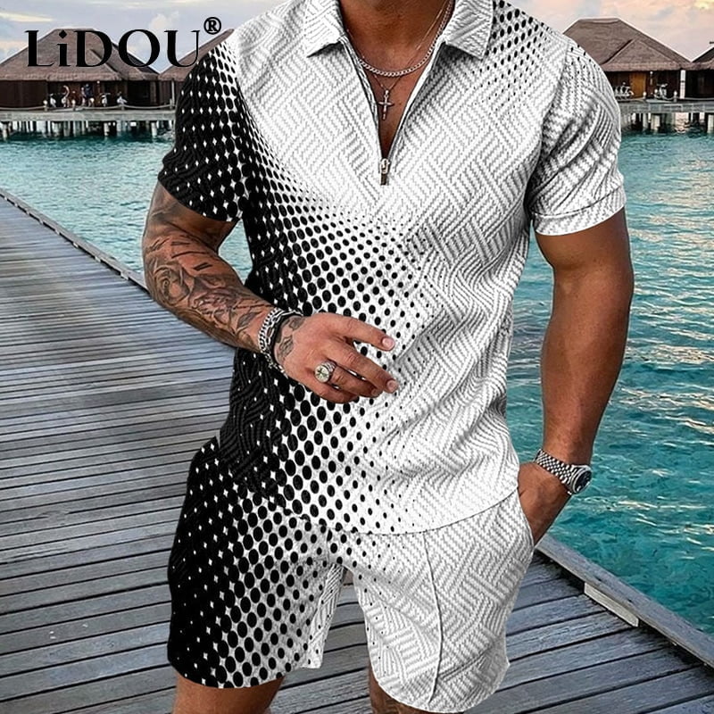 Short à manches courtes imprimé à pois pour hommes, ensembles deux pièces vintage, col polo imbibé, fermeture éclair, sport, loisirs, mode estivale, tendance, 2022 1
