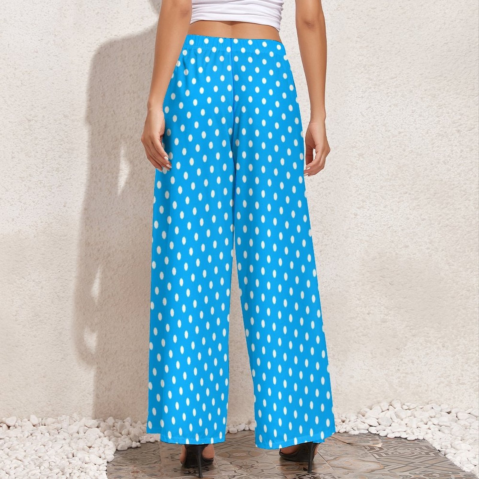 Pantalon large à pois bleus et blancs pour femmes, imprimé de taches, plage, fjElastic, taille sexy, cadeau d'anniversaire 2