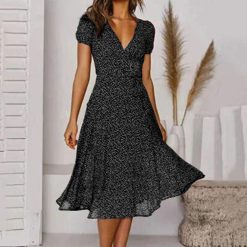 Robe de plage style bohème pour femmes, décontractée, col en V, imprimé à pois, manches courtes, à lacets, été 1