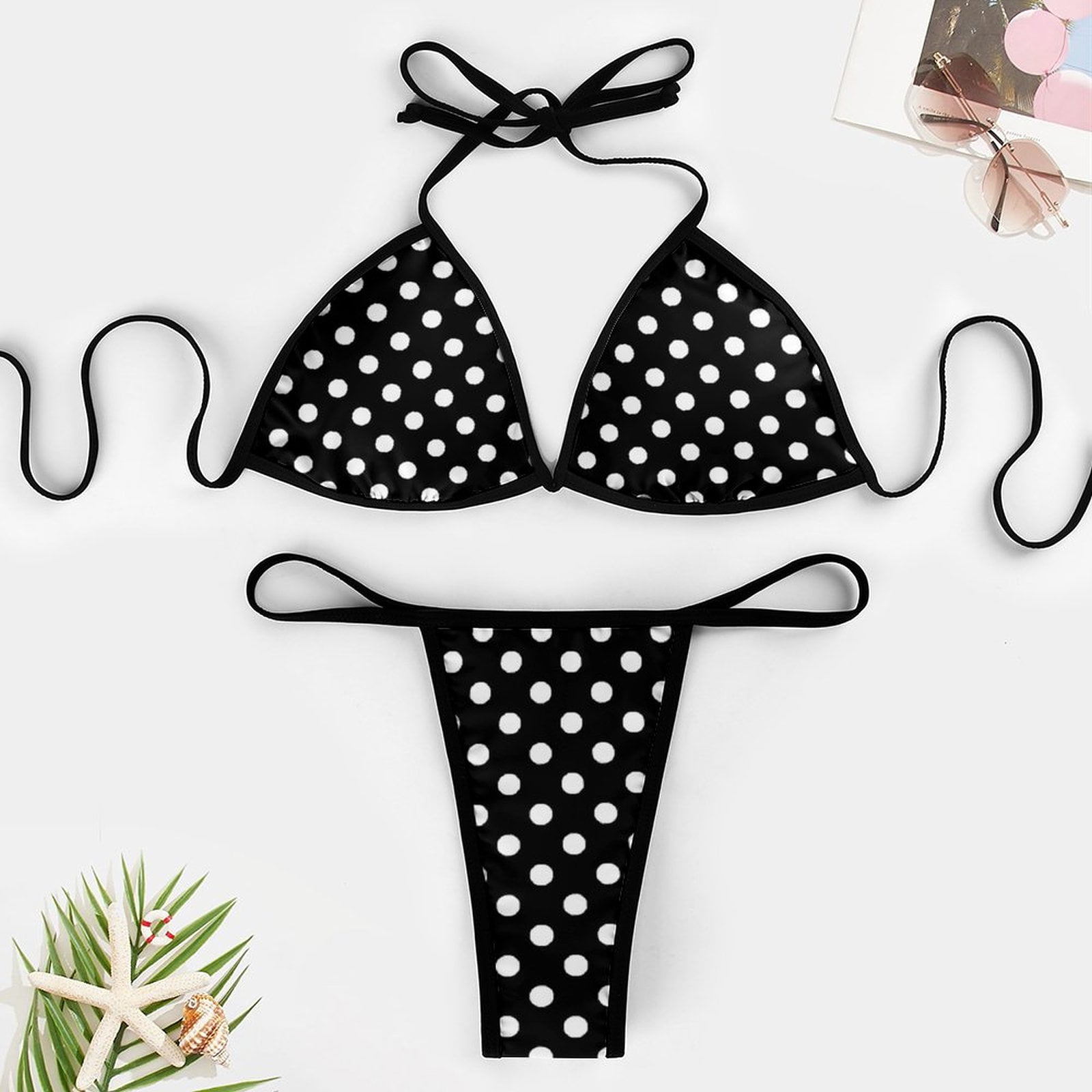 Maillot de bain noir et blanc à pois pour femmes, ensemble 2 pièces, micro, bikini, push up, vêtements de plage 2