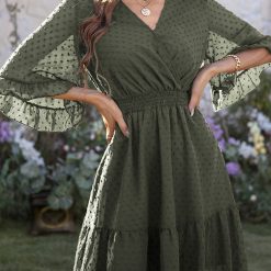 Robe mi-longue en mousseline de soie à pois pour femmes, col en V, manches mi-longues, à volants, couleur unie, streetwear, mode, été 1