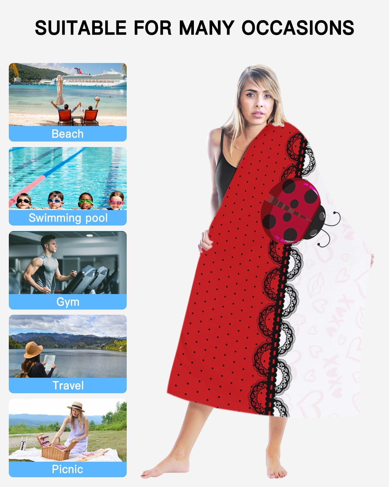 Serviette de Plage Légère Absorbante à Pois pour la Saint-Valentin, Coccinelle, Bergame, Sable Vert, Voyage 2