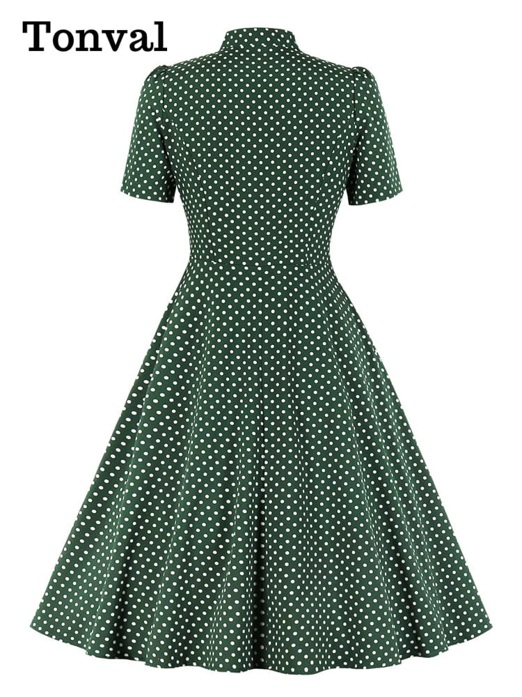 Tonval – robe chemise trapèze Vintage pour femme, tenue élégante, verte, col papillon, boutons devant, pois, Pinup, années 50, été 2