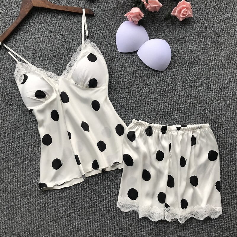 Pyjama imprimé à pois pour femme, bretelles spaghetti, coussretours de poitrine, col en V, dentelle sexy, lingerie féminine 2
