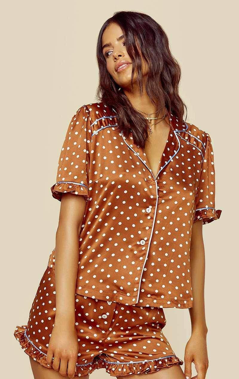 Oudea – Pyjama imprimé à pois pour femmes, manches courtes, en Satin, vêtements de nuit décontractés, chemises + pantalons 2