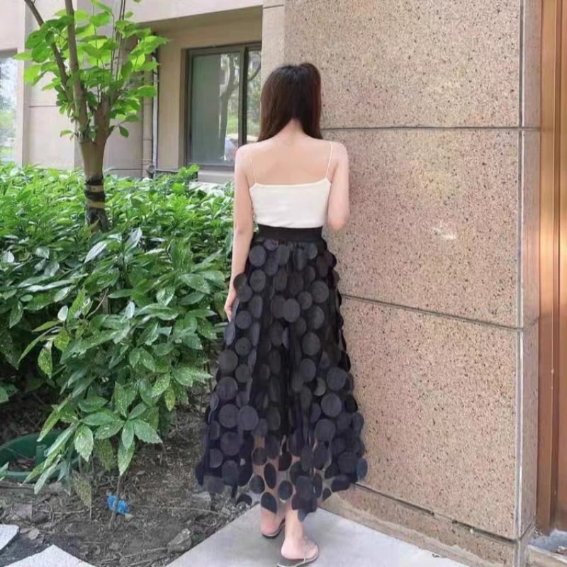 Treutoyeu-Jupe mi-longue rétro à pois pour femme, jupes parapluie en tulle noir, jupe trapèze rose, style coréen, mode estivale, 2023 2