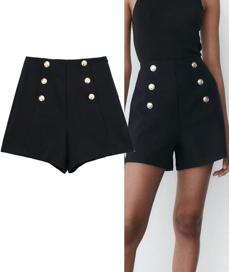 TRAF-Bermuda Noir pour Femme, Pantalon Court, Taille Haute, lèvent Dorés, Baggy, Élégant, Été 1