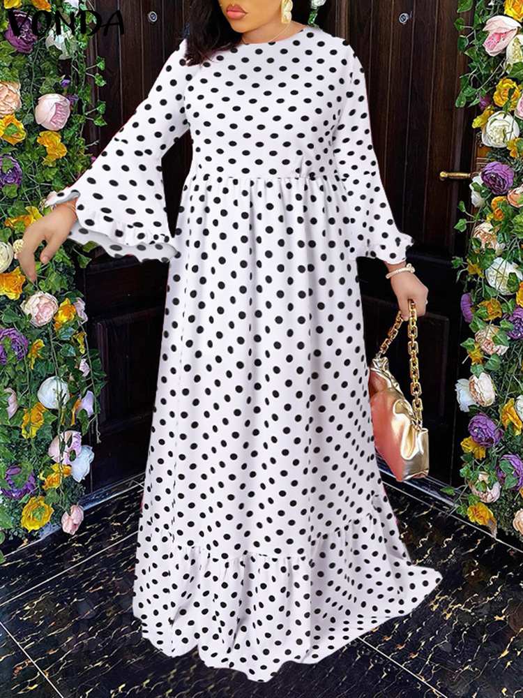 VONDA-Robe d'été plissée à manches longues pour femmes, robe d'été sexy, robe de soirée de vacances, imprimé à pois, robe Maxi, robe éducative, 2023 2