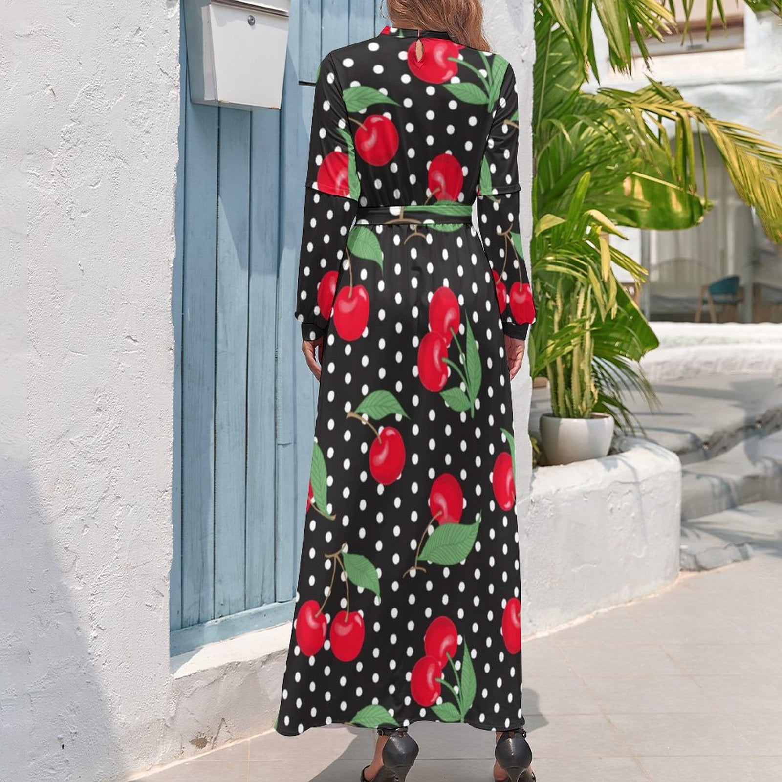 Robe longue rouge à pois pour femmes, tenue de plage, style boho, manches longues, taille haute, sexy, maxi 2