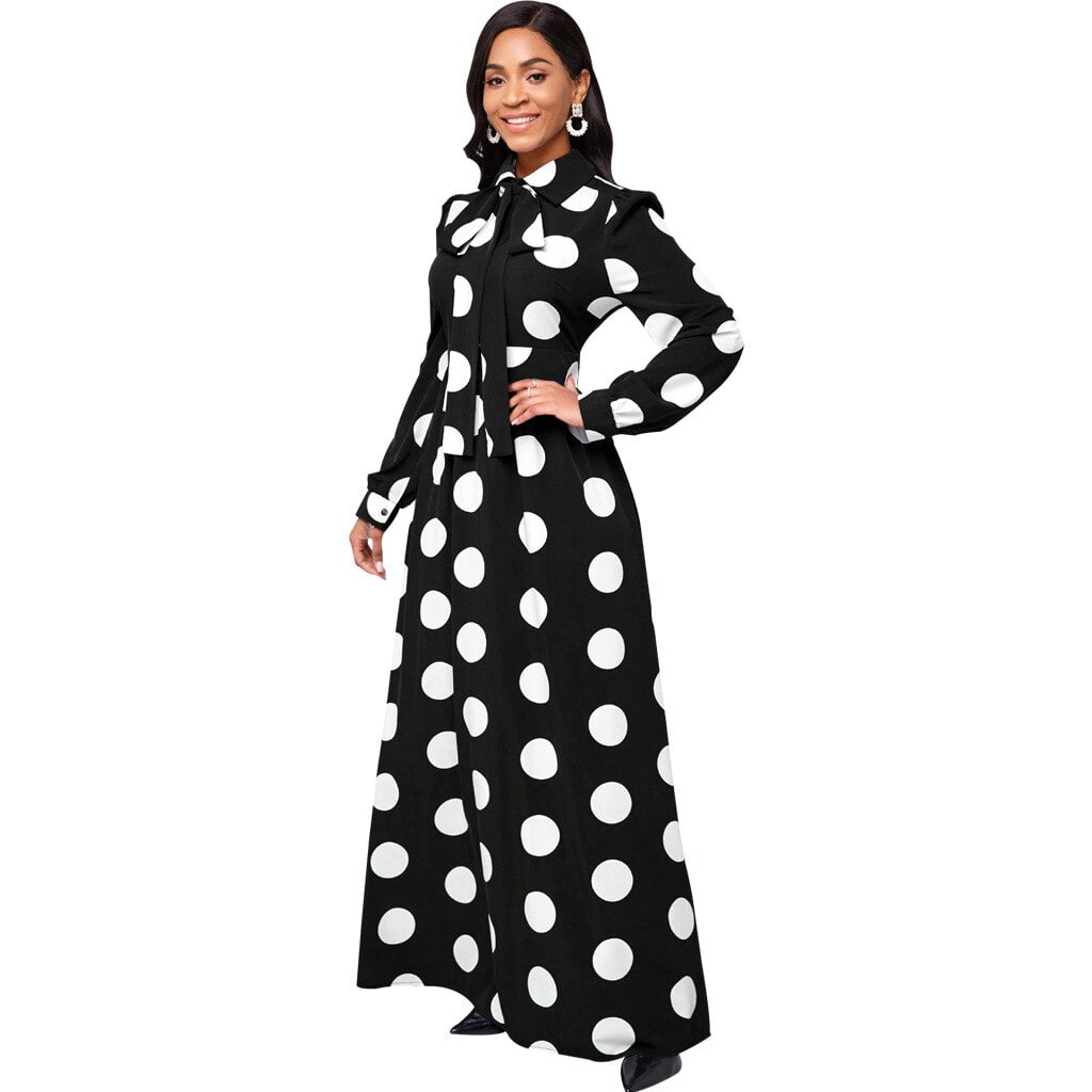 Robe longue à manches longues pour femme avec nœud papillon, pois, robe éducative pour fille, élégante robe maxi pour femme, décontractée et élégante 2