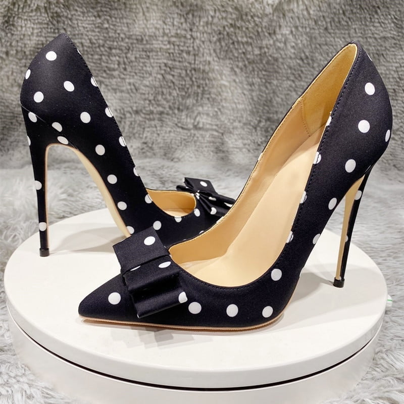 Tikicup-Talons aiguilles en satin noir à pois pour femmes avec nœud papillon, chaussures provoqué chic pour dames, chaussures Parker pointues 2