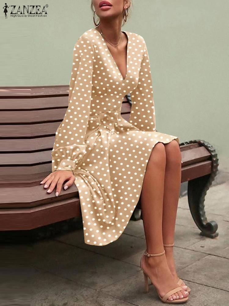 ZANZEA – Robe de soirée mi-longue à pois pour femmes, tenue Chic à manches bouffantes, Sexy, col en V, surdimensionnée, printemps 2023 2