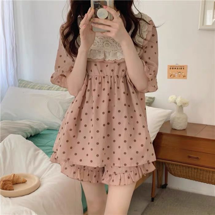Vêtements de nuit en dentelle à pois pour femmes, ensembles de pyjama à volants, manches courtes, style coréen, vêtements de nuit 2 pièces, maison trempée 1