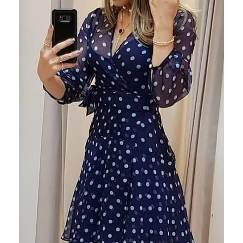 Robe bleue décontractée à manches longues pour femmes, imprimé Floral à pois, col en v, taille haute, grande taille, vêtements de bureau 2