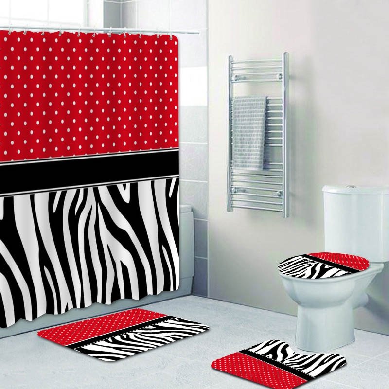 Ensemble de rideaux de douche à pois noirs et rouges, imprimés zèbre, rayures et points bleus et gris, pour tapis de salle de bain, tapis de décoration 1