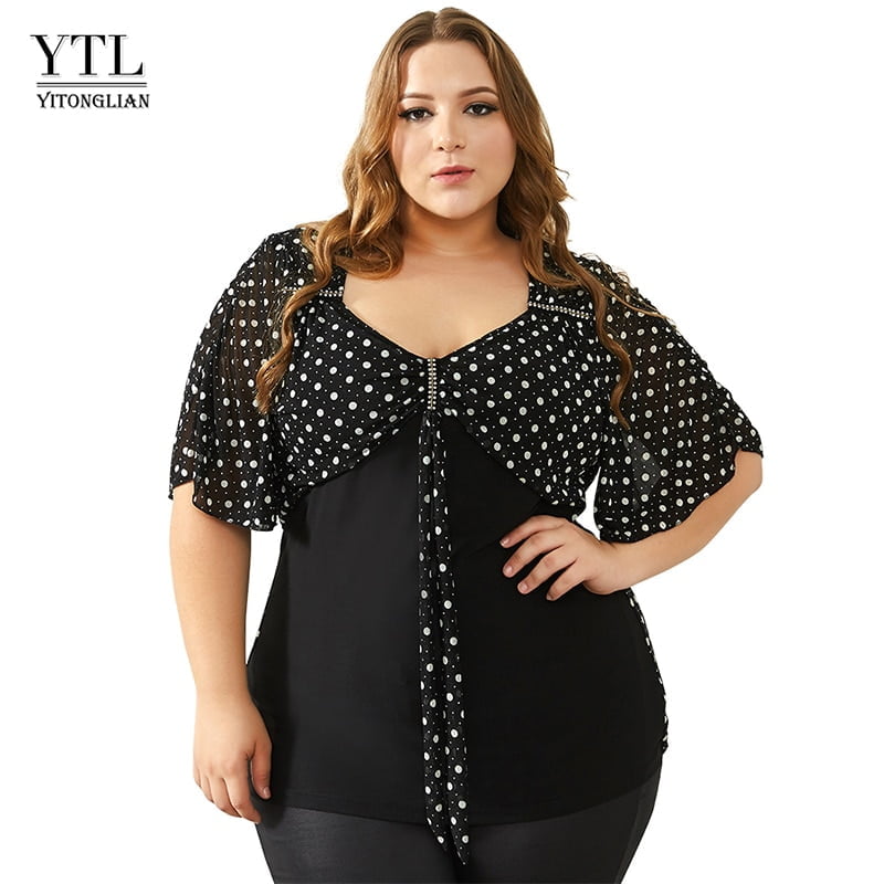 YTL Été Tops pour Les Femmes, Plus La Taille T-shirt Vintage 50s À Pois Diamant Arc À Manches Chauve-Souris Col Chemise Décontractée Tés 8XL H060 1