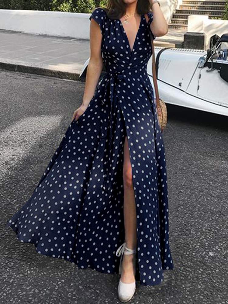 Celmia – robe longue style bohémien, ourlet fendu, à pois, Sexy, col en V, manches courtes, ceinture, été, 2023 1