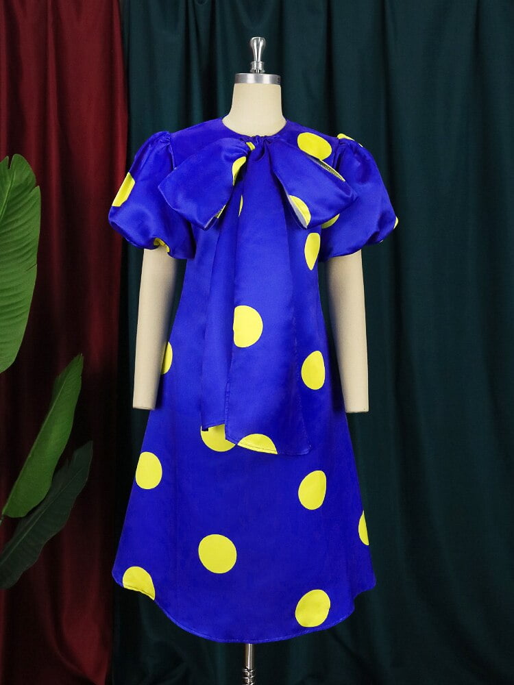 Robe mi-longue à manches bouffantes et imprimé à pois jaunes, robe trapèze élégante avec grand nœud, belle tenue de soirée, fête d'anniversaire, quelle que soit la tenue d'été 2