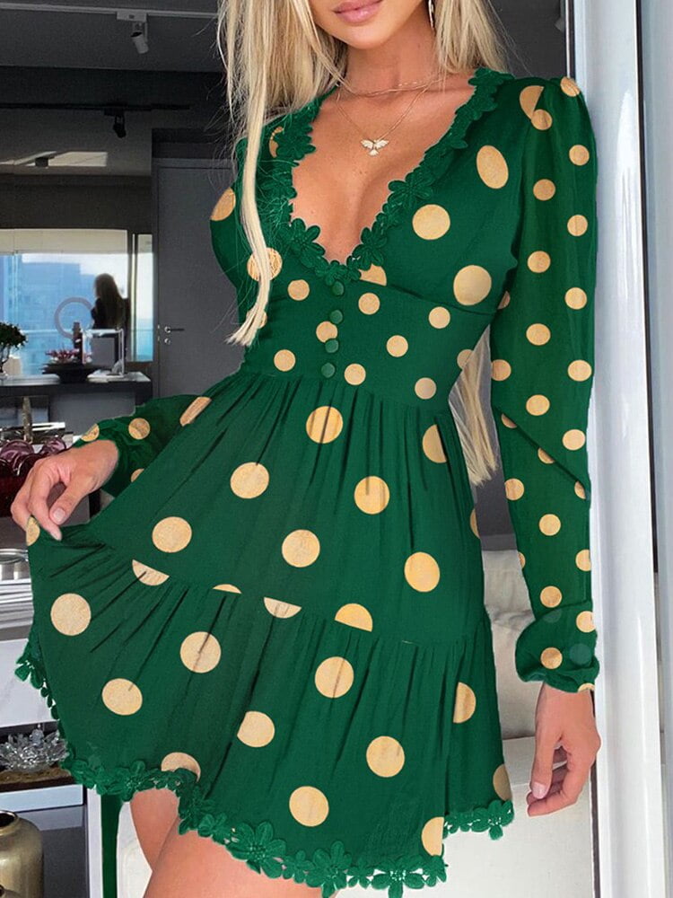 Mini robe froncée à manches longues pour femmes, imprimé à pois, bordure en dentelle, plongeante sexy, évasée 2