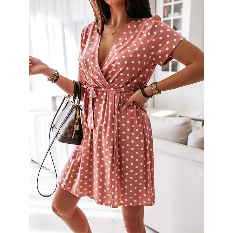Mini robe à manches courtes et col en V pour femmes, robe fendue à pois, robe de plage bohème, robe de vacances, mode estivale 2