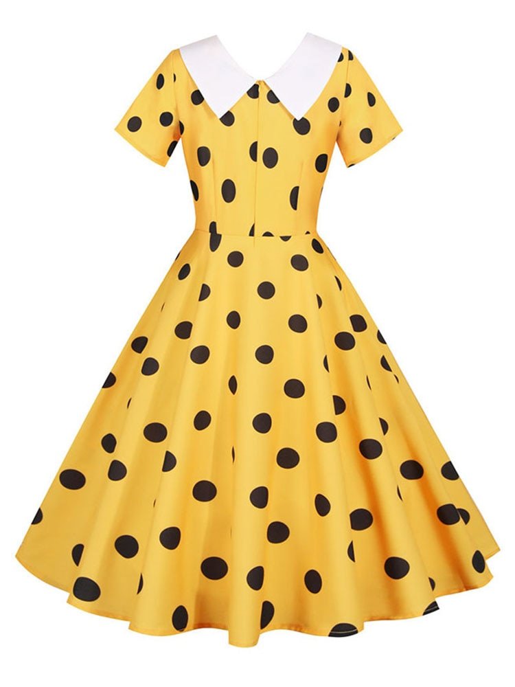 Robe d'été mi-longue jaune à pois pour femmes, manches courtes, col claudine, robe de soirée élégante, robe d'été décontractée vintage, ligne A 2